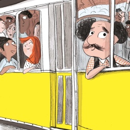 Ausschnitt aus dem Buch-Cover: Fahrer Amadeo lächelt am Steuer seiner vollbesetzten Straßenbahn 
