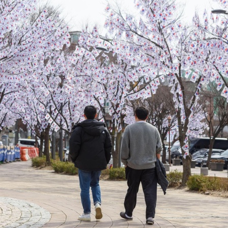 Am Eingang des Hyochang Parks in Seoul hängen viele Fähnchen in den Bäumen. Sie erinnern an den Beginn der koreanischen Unabhängigkeitsbewegung