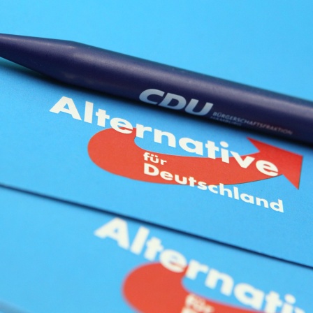 Ein Kugelschreiber der CDU liegt auf einer Infobroschüre der AfD.