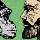 Die Grafik für WDR 5 Tiefenblick "Das Tier und Wir" zeigt links das Gesicht eines Affen und rechts das eines Menschen, beide gucken sich an.