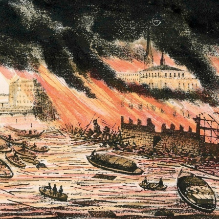 Lithographie des großen Brands von Hamburg 1842 - Ansicht des Altenwallfleths von der Graskellerbrücke