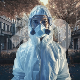 Frau in weißem Schutzanzug und mit Atemschutzmaske auf dem Gesicht steht in einem menschenleeren Straßenzug.