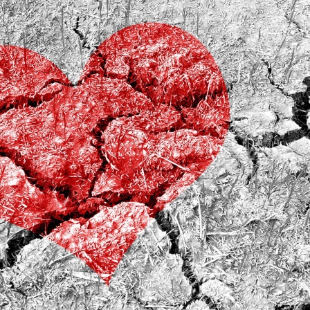 Ein rotes Herz ist auf einer rissigen Erdunterlage gemalt. 