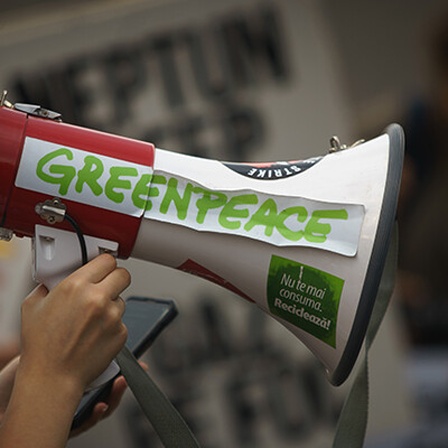 Eine Frau hält ein Megaphon in der Hand und spricht. Auf dem Megaphon ist ein Greenpeace-Aufkleber. In der anderen Hand hält sie ein Smartphone und scheint einen Text abzulesen. Die Frau ist im Profil zu sehen.