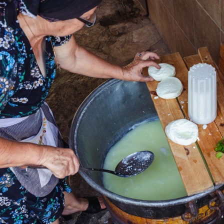 Halloumi Käseherstellung in einem traditionelles Haus im kleinen Dorf Letymbou in Zypern. Ein Frau in Küchenschürze und Kopftuch greift nach einem weissen Käsestück, in der anderen Hand hält sie eine Kelle über einem großen Topf.