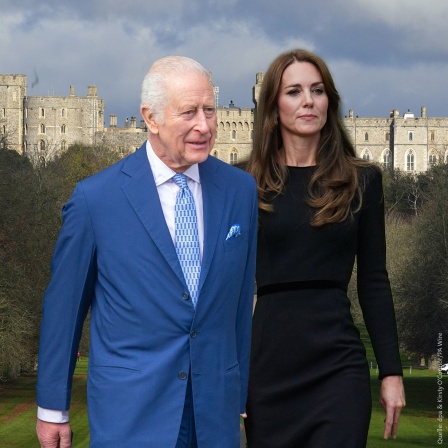 Fotomontage SWR: König Charles und Prinzessin Kate stehen vor dem Schloss Windsor.