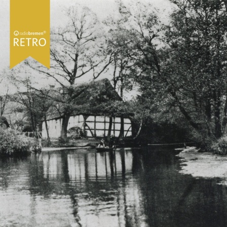 Flusslandschaft mit Bauernhaus in Fischerhude. Historisches Foto