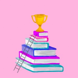 Illustration: Ein goldener Pokal auf einem Bücherstapel, an dem eine Leiter lehnt