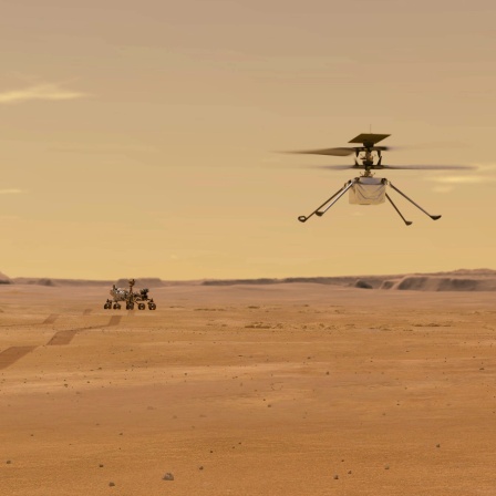 Illustration des NASA-Ingenuity-Mars-Hubschraubers im Flug, während der Perseverance-Rover wegrollt. Der Mars-Rover Perseverance ist am 18. Februar 2021 erfolgreich gelandet. Ingenuity ist  das erste Flugzeugn, das einen kontrollierten Flug auf einem anderen Planeten versucht.