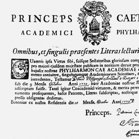 Urkunde über Mozarts Aufnahme in die Accademia