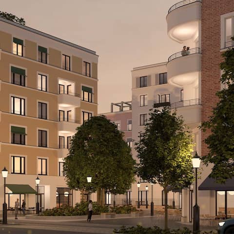 Visulaisierung der Neubauten im geplanten Projekt Pankower Tor(. Quelle: Nöfer Architekten Berlin/ Krieger Unternehmensgruppe)