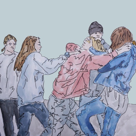 Zeichnung zu Folge 3: Jugendliche auf dem Schulhof bei einer Rauferei.