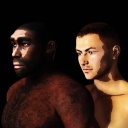 3D-Illustration eines Steinzeitmenschen im Vergleich zu einem heute lebenden Erwachsenen.