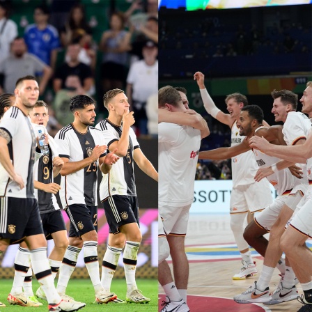 Collage: Frustrierte Fußballer, jubelnde Basketballer