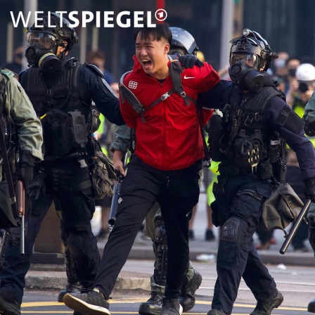 Ein Demonstrant schreit, nachdem er während einer Kundgebung in Hongkong von Polizisten festgehalten wird, 1.12.2019