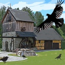 Illustration: ein großes Rabengesicht bedroht eine Mühle.