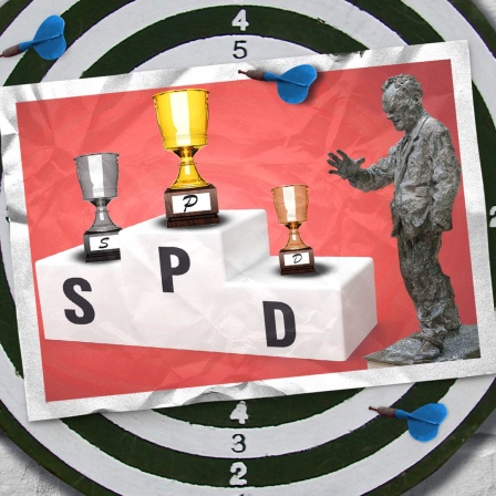 Eine Bildmontage eine Statue von Willy Brandt neben einem Siegertreppchen auf dem drei Pokale stehen. 