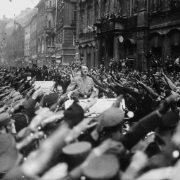 Adolf Hitler fährt stehend auf einem Wagen. An beiden Straßenseiten jubeln ihm Menschen zu. Sie zeigen den Hitlergruß.