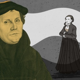 Ein koloriertes Bild von Martin Luther, daneben eine Zeichnung, die seine Frau Katharina von Bora zeigt.