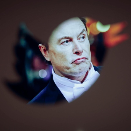 Elon Musk hinter einem Twitter-Logo