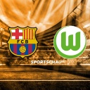 Die Logos der Finalpaarung der Frauen Champions League: FC Barcelona gegen den VfL Wolfsburg