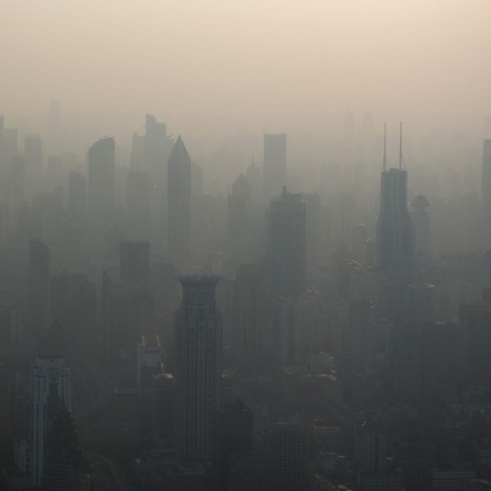 Die Wolkenkratzer von Shanghai verschwinden beinahe im Dunst der Luftverschmutzung.