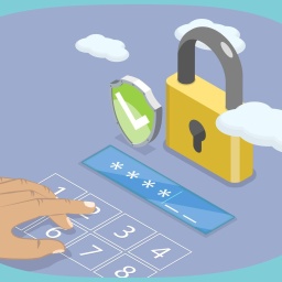 Illustration von Datenschutz, persönliche Informationssicherheit: Gezeigt wird ein Schloss mit grünem Haken und eine Hand, die eine verdeckte PIN-Nummer eingibt.