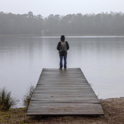 Ein Mann mit Rucksack steht auf einem Holzsteg an einem See vor Wald in einer herbstlich-nebligen Landschaft.