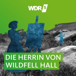 Umrisse einer jungen Frau, die vor hügeliger Landschaft an einer Staffelei malt. Im Hintergrund spielt ein kleiner Junge.