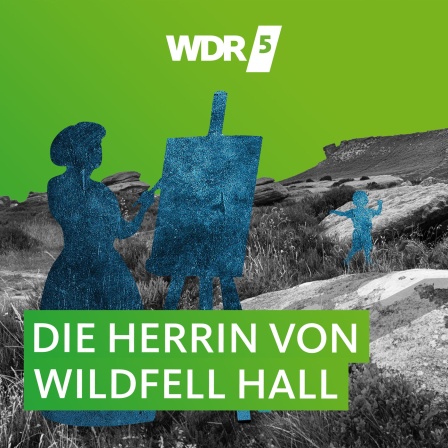 Umrisse einer jungen Frau, die vor hügeliger Landschaft an einer Staffelei malt. Im Hintergrund spielt ein kleiner Junge.