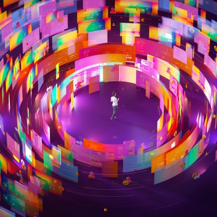 Illustration einer Person, die inmitten eines schier endlose Strudels aus Werbeseiten, Reaktionen und Likes steht. Der Hintergrund ist in einem Violetton gehalten.