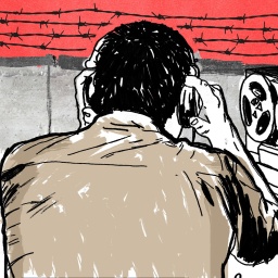Illustration zur Krimireihe "Doberschütz". Ein Mann mit Aufnahmegerät, vor ihm eine Grenzmauer.