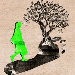 Illustration zum Hörspiel: Eine Frau geht auf einem Fußabdruck auf einen Olivenbaum zu