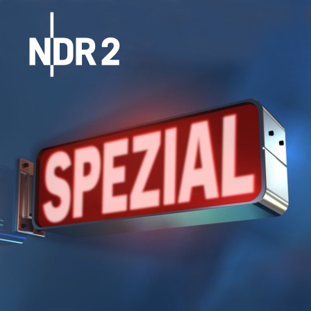Eine leuchtende rote Schriftanzeige mit dem Wort "SPEZIAL" in Großbuchstaben, reflektiert an der Wand, vor einem unscharfen blauen Hintergrund.
