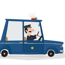 Zeichnung von einem Polizisten in einem Polizeiauto.