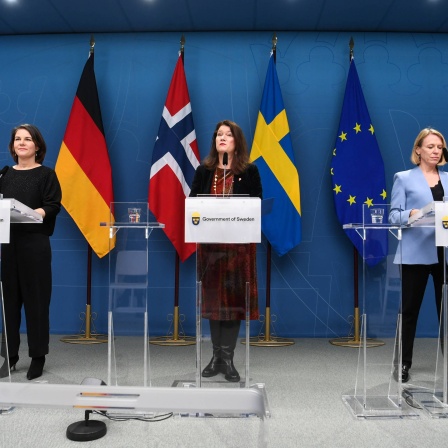 German Foreign Minister Annalena Baerbock, Swedish Foreign Minister Ann Linde and Norwegian Foreign Minister Anniken Huitfeldt during a press conference on the occasion of the fifth Ministerial Meeting of the Stockholm