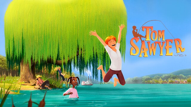 Tom Sawyer spielt mit seinen Freunden an einem Fluss. Textlogo: Tom Sawyer (eine Scherenschnittfigur sitzt auf dem S und angelt)