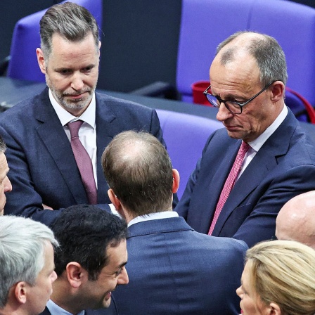 Der CDU-Vorsitzende Friedrich Merz spricht im Bundestag mit dem FDP-Fraktionsvorsitzenden Christian Dürr und weiteren Abgeordneten.