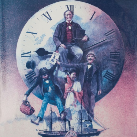 Illustration: Phileas Fogg sitzt vor einer Uhr, andere Figuren aus dem Buch sind zu sehen.