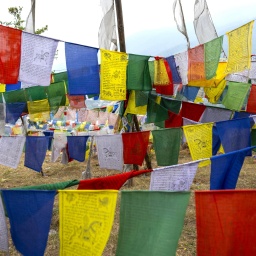 Mehrfarbige Gebetsfahnen flattern im Wind. Chang Gewog, Thimphu, Bhutan. 