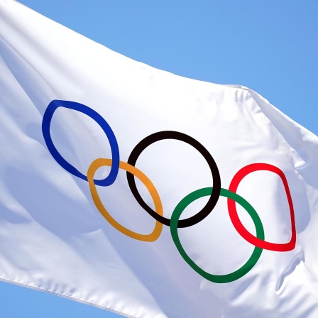 Die Olympischen Ringe auf einer Flagge