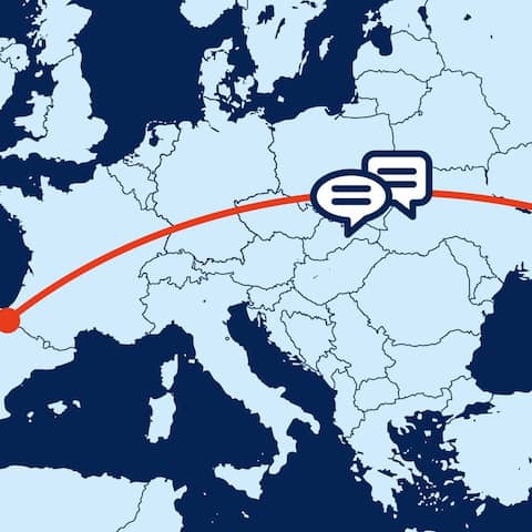 Karte von Europa zeigt Entfernung zwischen Baskenland und Tschetschenien