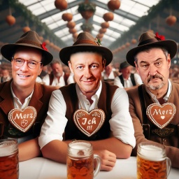 Satirische Bildmontage: Hendrik Wüst, Friedrich Merz und Markus Söder sitzen an einem Tisch im Oktoberfestzelt - alle tragen Lebkuchenherzen mit dem Schriftzug "Merz"