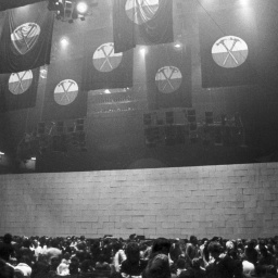 Eine große Pappmauer ist beim Konzert von Pink Floyd 1981 in der Dortmunder Westfalenhalle aufgebaut