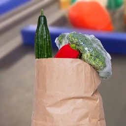 Eine Tüte mit Gemüse auf einem Kassenband, dahinter ein Warentrenner.