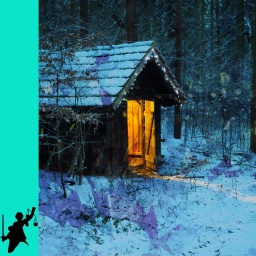 Bild zum Krimi "Wer auch immer - Mord im Abseits der Gesellschaft"; Verschneite Hütte im Wald, in der Licht brennt