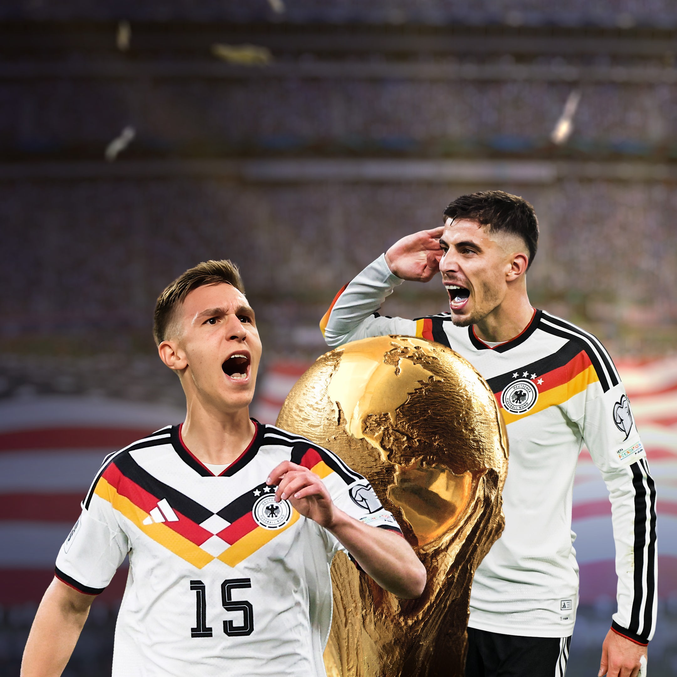 Die Fußballer Havertz und Schlotterbeck im Vordergrund, im Hintergrund ein goldener Pokal und Teile eines Stadions