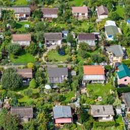 Luftbild einer Berliner Kleingartensiedlung.