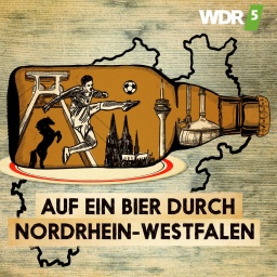 Die Grafik für WDR 5 Tiefenblick "Auf ein Bier durch Nordrhein-Westfalen" zeigt eine gefüllte Bierflasche, die auf einem Bierdeckel liegt und mit verschiedenen Symbolen und Wahrzeichen aus NRW gefüllt ist.