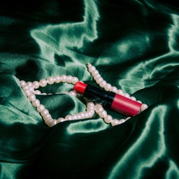 Ein Lippenstift und eine Perlenkette liegen auf einem grünen Tuch.